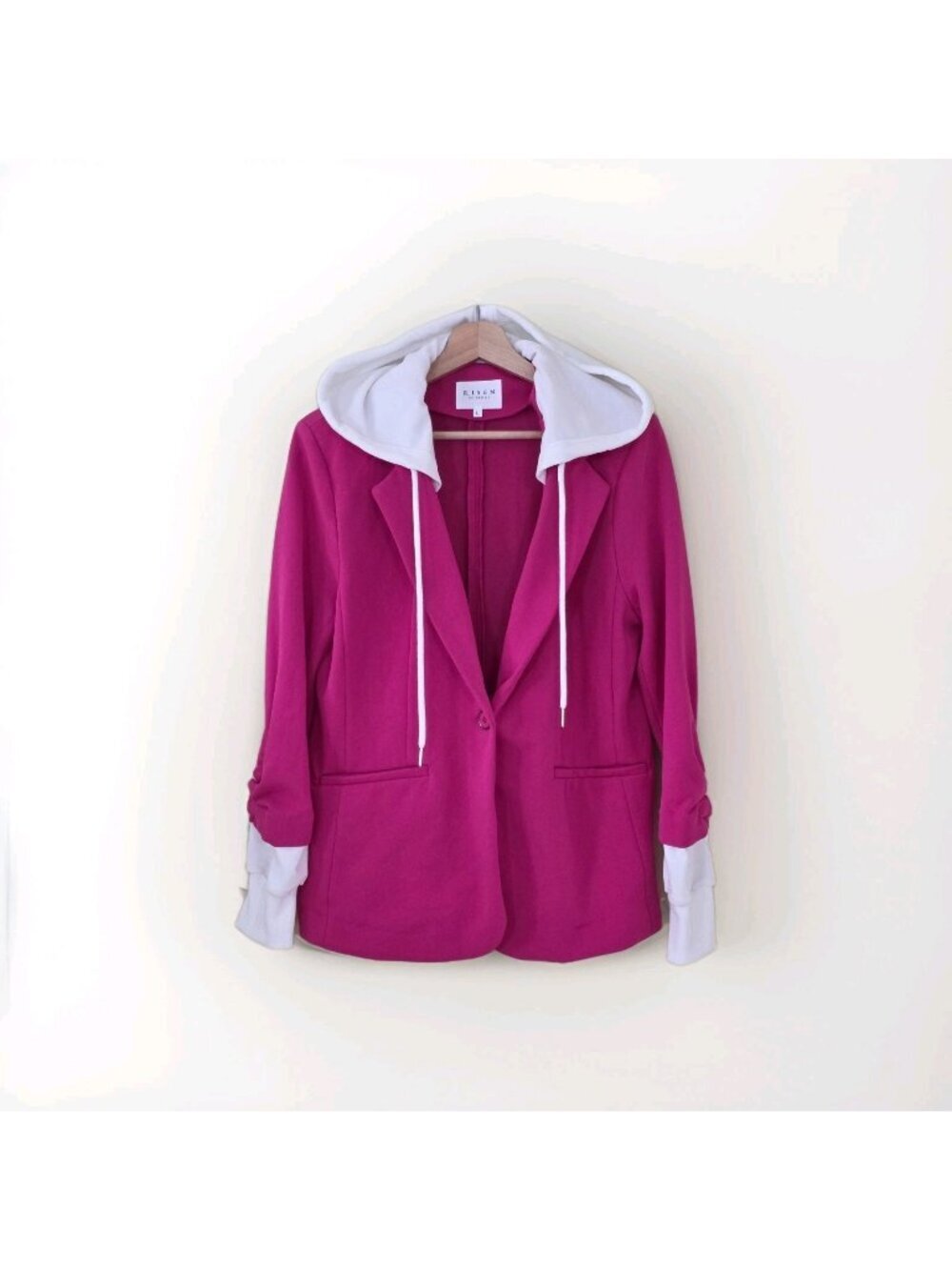 Risen LA Hooded Knit Blazer Womens L Pink White Ruched LS Edgy Casual Chic Boho